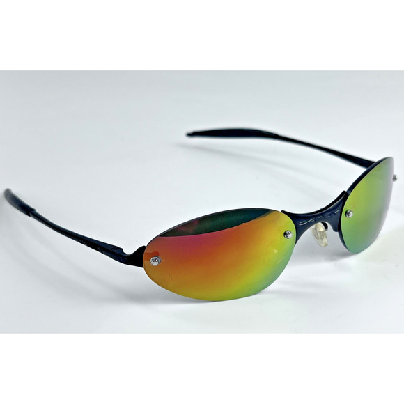 VTG Oakley Sunglasses Mens Black Rimless Oval Mirrored Iridium Wrap Made in USA - Picture 1 of 12